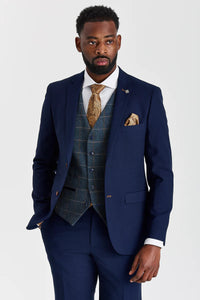 Traje texturizado azul marino Mayfair con chaleco de tweed azul marino en contraste Harris.