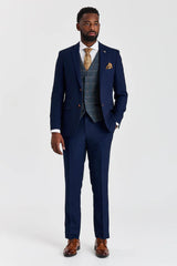 Traje texturizado azul marino Mayfair con chaleco de tweed azul marino en contraste Harris.