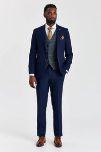 Traje texturizado azul marino Mayfair con chaleco de tweed azul marino en contraste Harris.