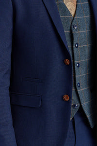 Traje texturizado azul marino Mayfair con chaleco de tweed azul marino en contraste Harris.