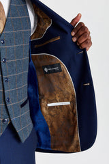 Traje texturizado azul marino Mayfair con chaleco de tweed azul marino en contraste Harris.