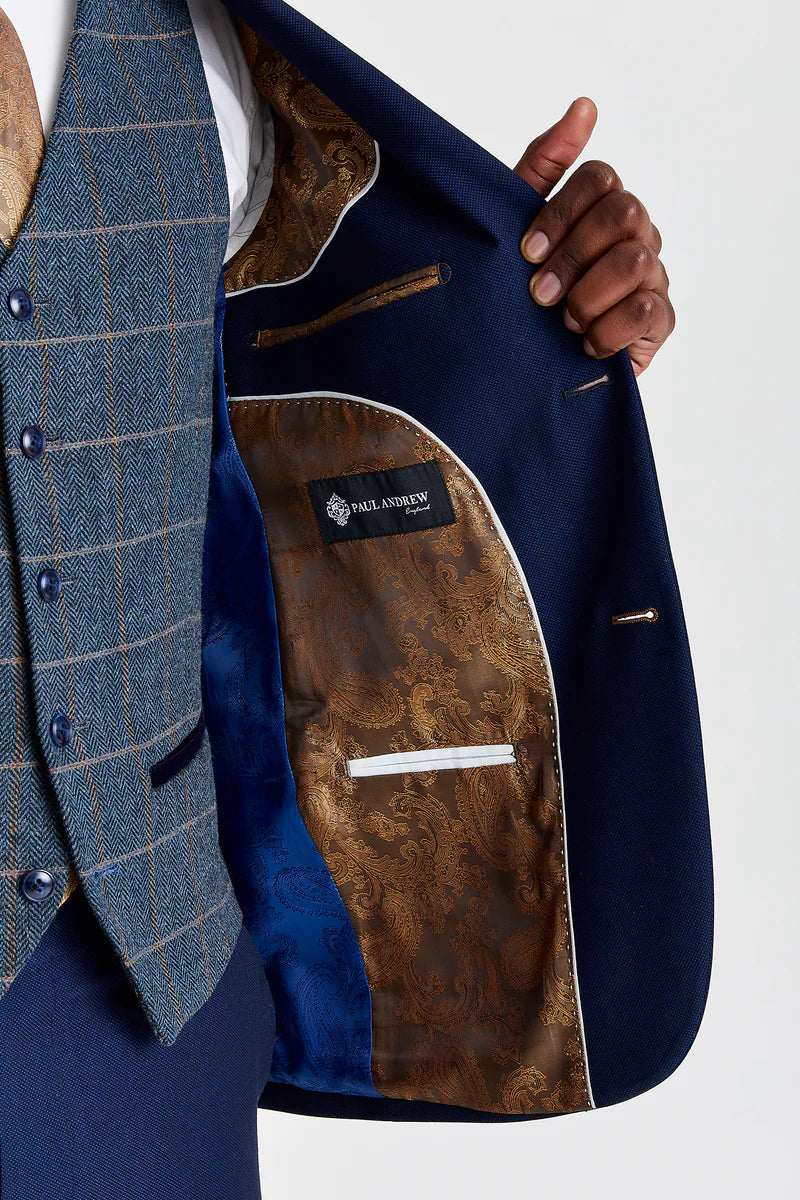 Traje texturizado azul marino Mayfair con chaleco de tweed azul marino en contraste Harris.
