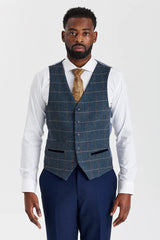 Traje texturizado azul marino Mayfair con chaleco de tweed azul marino en contraste Harris.