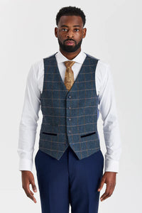Traje texturizado azul marino Mayfair con chaleco de tweed azul marino en contraste Harris.