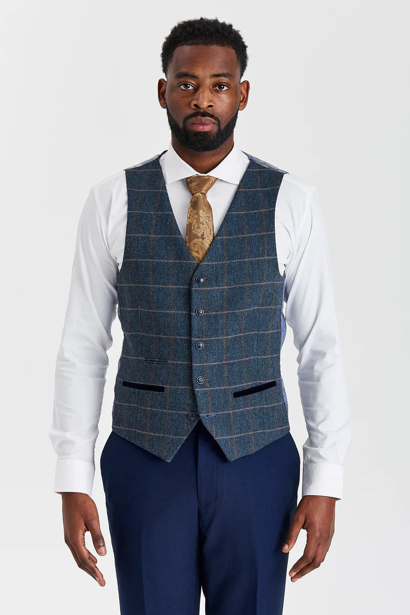 Traje texturizado azul marino Mayfair con chaleco de tweed azul marino en contraste Harris.