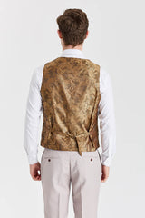 Traje texturizado Mayfair Stone con chaleco de tweed marrón Harris.