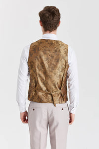Traje texturizado Mayfair Stone con chaleco de tweed marrón Harris.