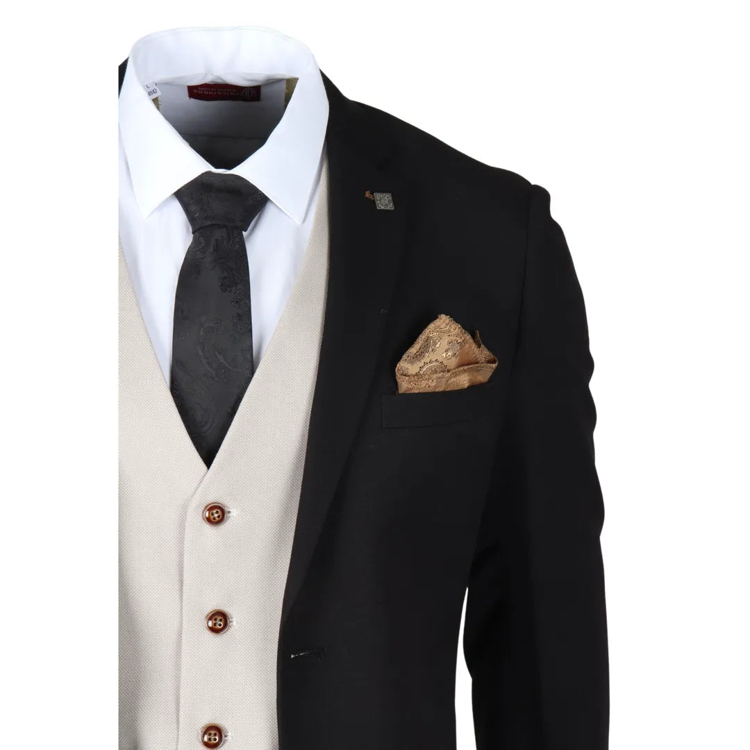 Mayfair - Traje de hombre de 3 piezas negro con chaleco color crema