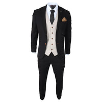Mayfair - Traje de hombre de 3 piezas negro con chaleco color crema