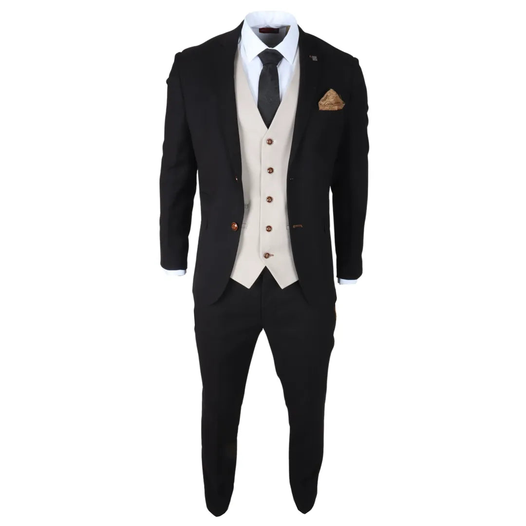 Mayfair - Traje de hombre de 3 piezas negro con chaleco color crema