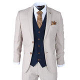 Mayfair - Traje de tres piezas color crema para hombre con chaleco azul marino