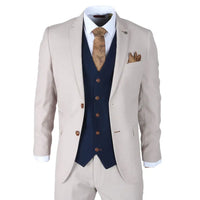Mayfair - Traje de tres piezas color crema para hombre con chaleco azul marino