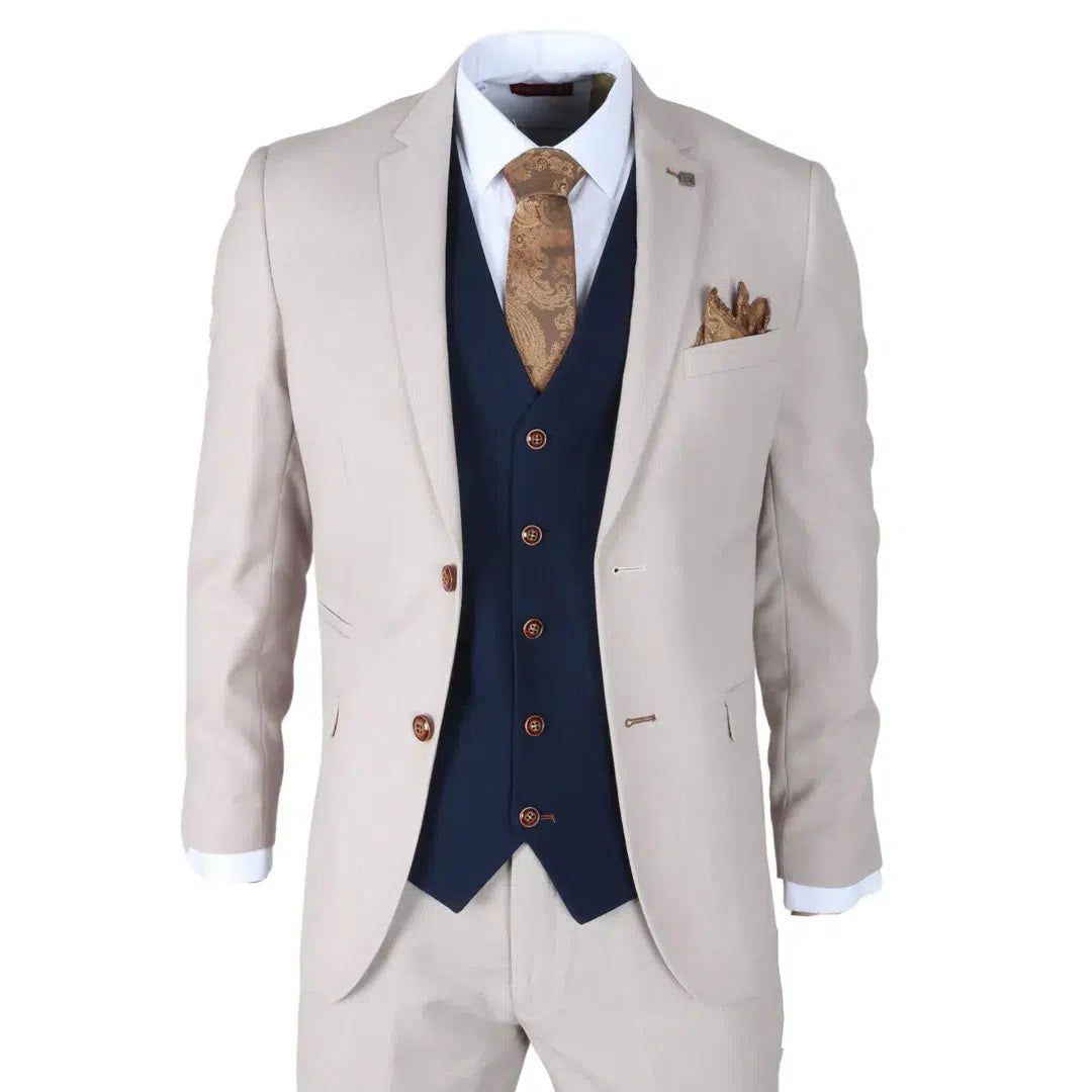 Mayfair - Traje de tres piezas color crema para hombre con chaleco azul marino