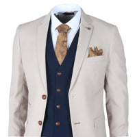 Mayfair - Traje de tres piezas color crema para hombre con chaleco azul marino