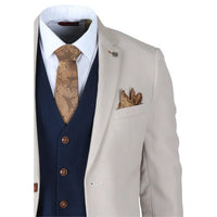 Mayfair - Traje de tres piezas color crema para hombre con chaleco azul marino