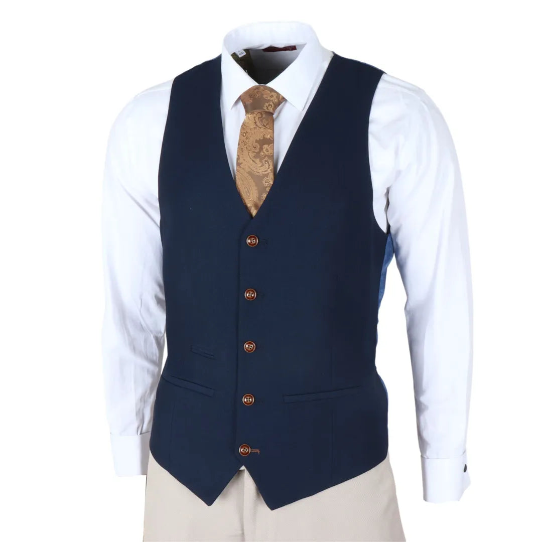 Mayfair - Traje de tres piezas color crema para hombre con chaleco azul marino