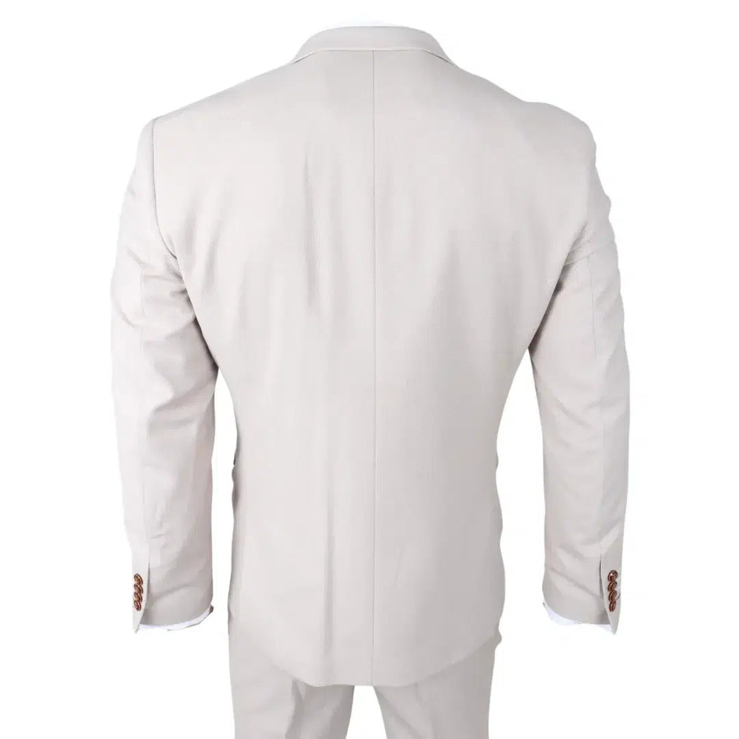 Mayfair - Traje de tres piezas color crema para hombre con chaleco azul marino
