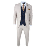 Mayfair - Traje de tres piezas color crema para hombre con chaleco azul marino