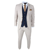 Mayfair - Traje de tres piezas color crema para hombre con chaleco azul marino