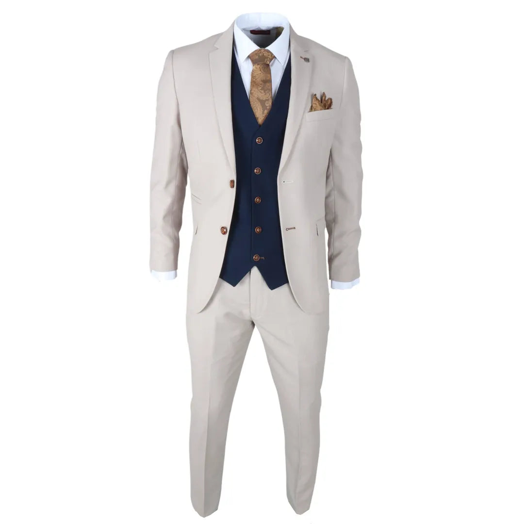 Mayfair - Traje de tres piezas color crema para hombre con chaleco azul marino