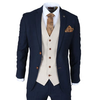 Mayfair - Traje de tres piezas azul marino para hombre con chaleco color crema