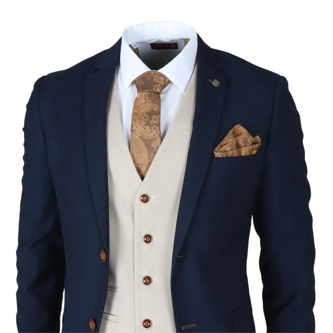 Mayfair - Traje de tres piezas azul marino para hombre con chaleco color crema