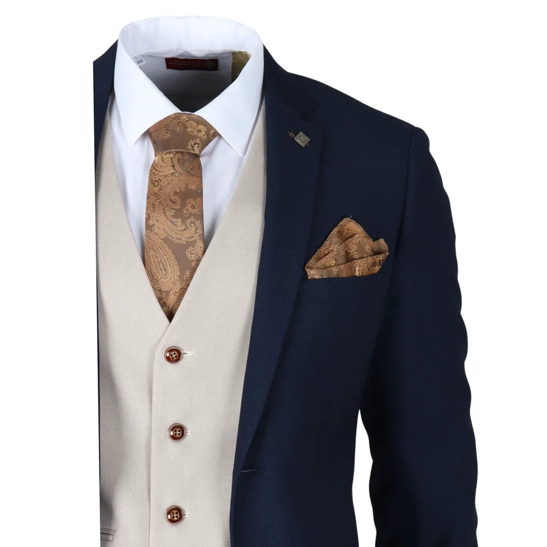 Mayfair - Traje de tres piezas azul marino para hombre con chaleco color crema