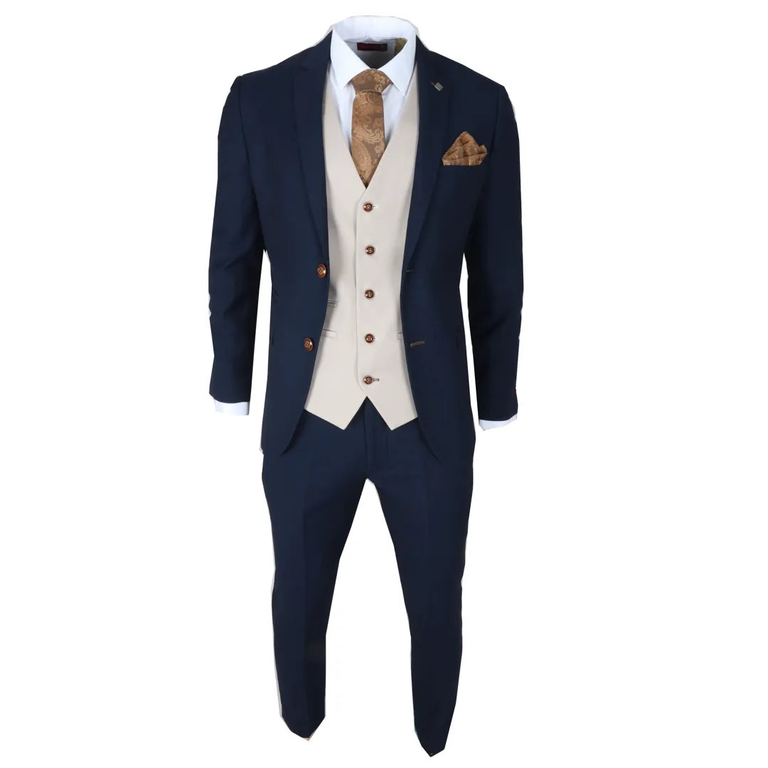 Mayfair - Traje de tres piezas azul marino para hombre con chaleco color crema