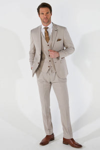 Mayfair - Traje de boda de tres piezas para hombre en color beige con estampado ojo de perdiz.