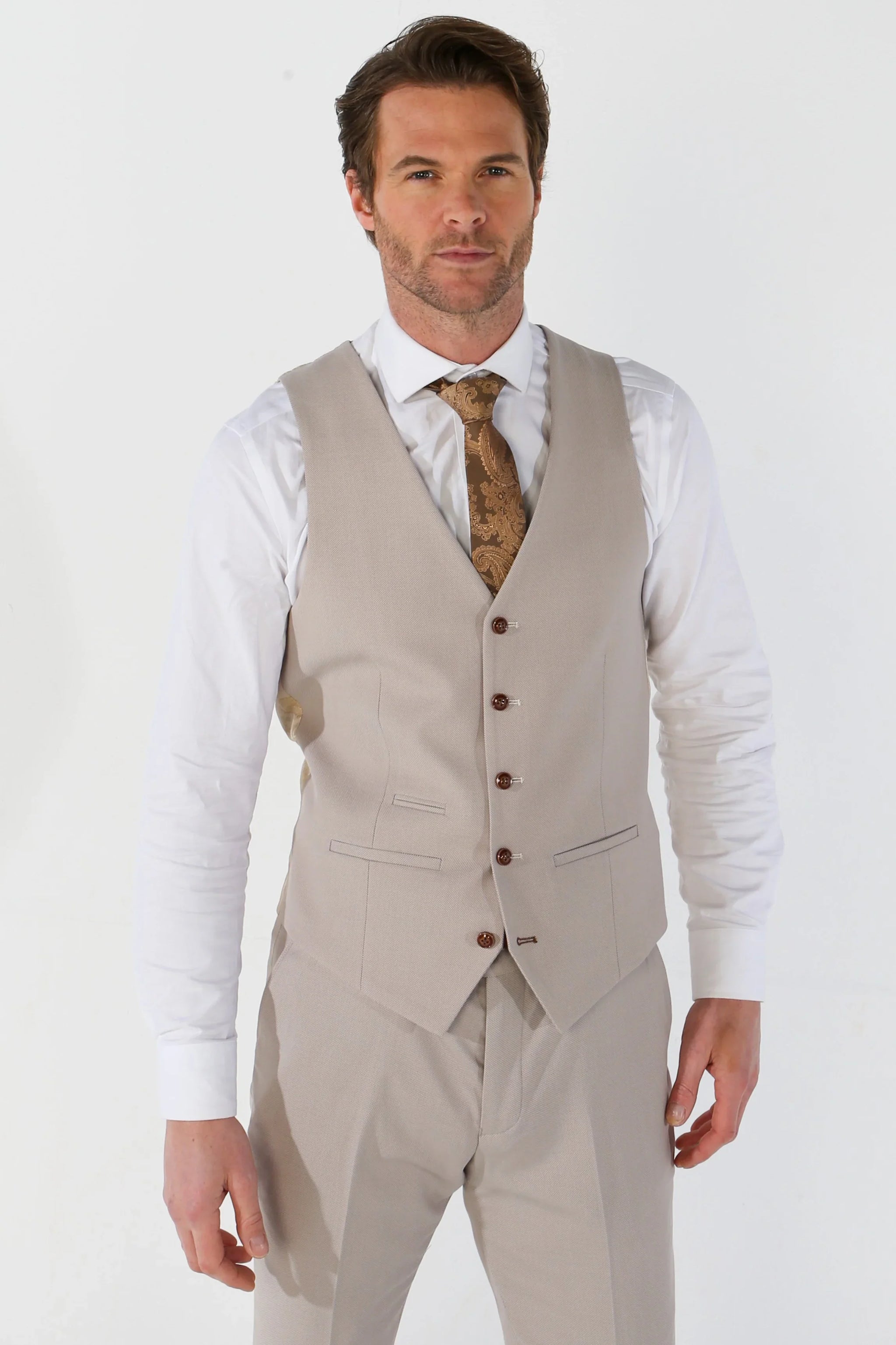 Mayfair - Traje de boda de tres piezas para hombre en color beige con estampado ojo de perdiz.