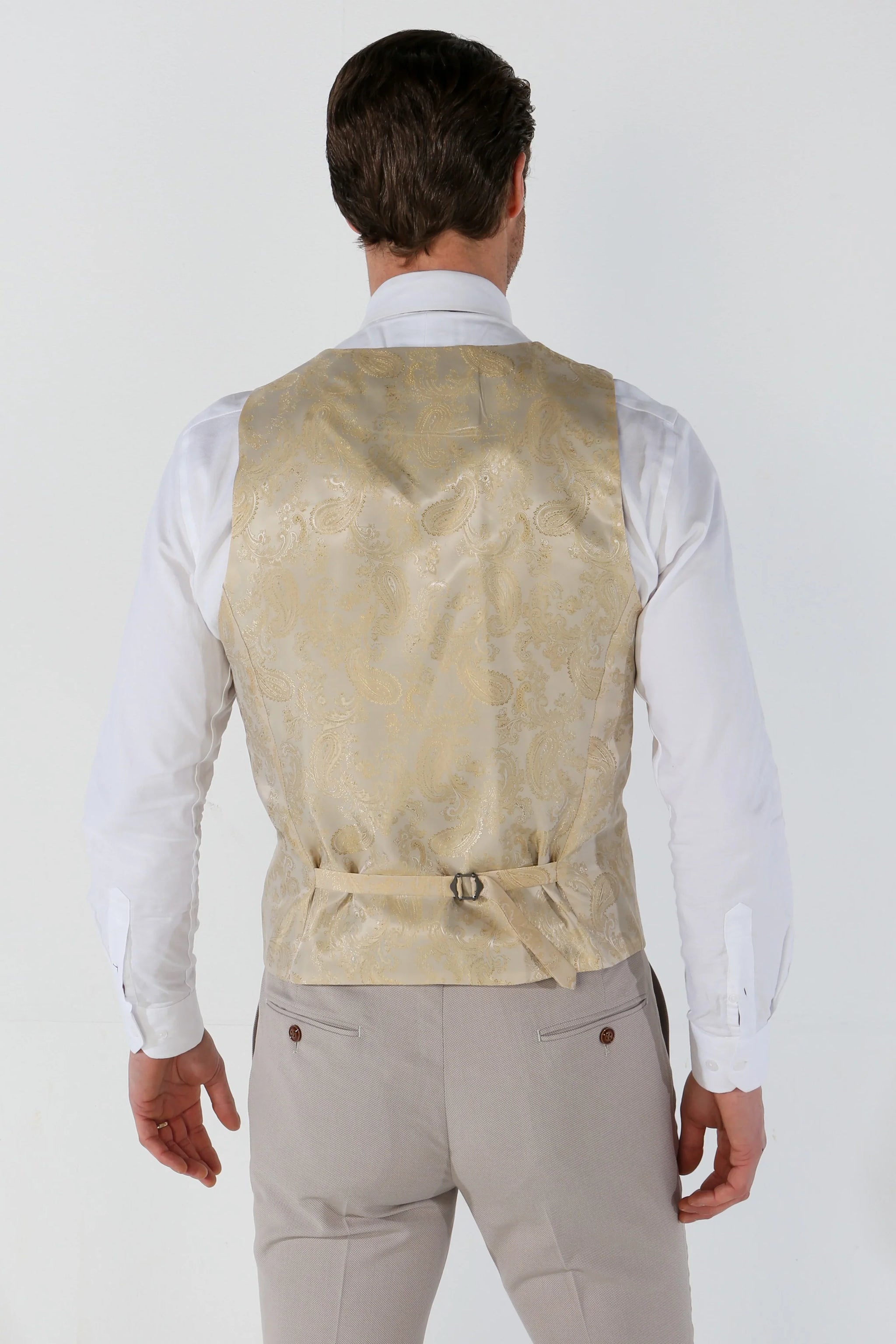 Mayfair - Traje de boda de tres piezas para hombre en color beige con estampado ojo de perdiz.