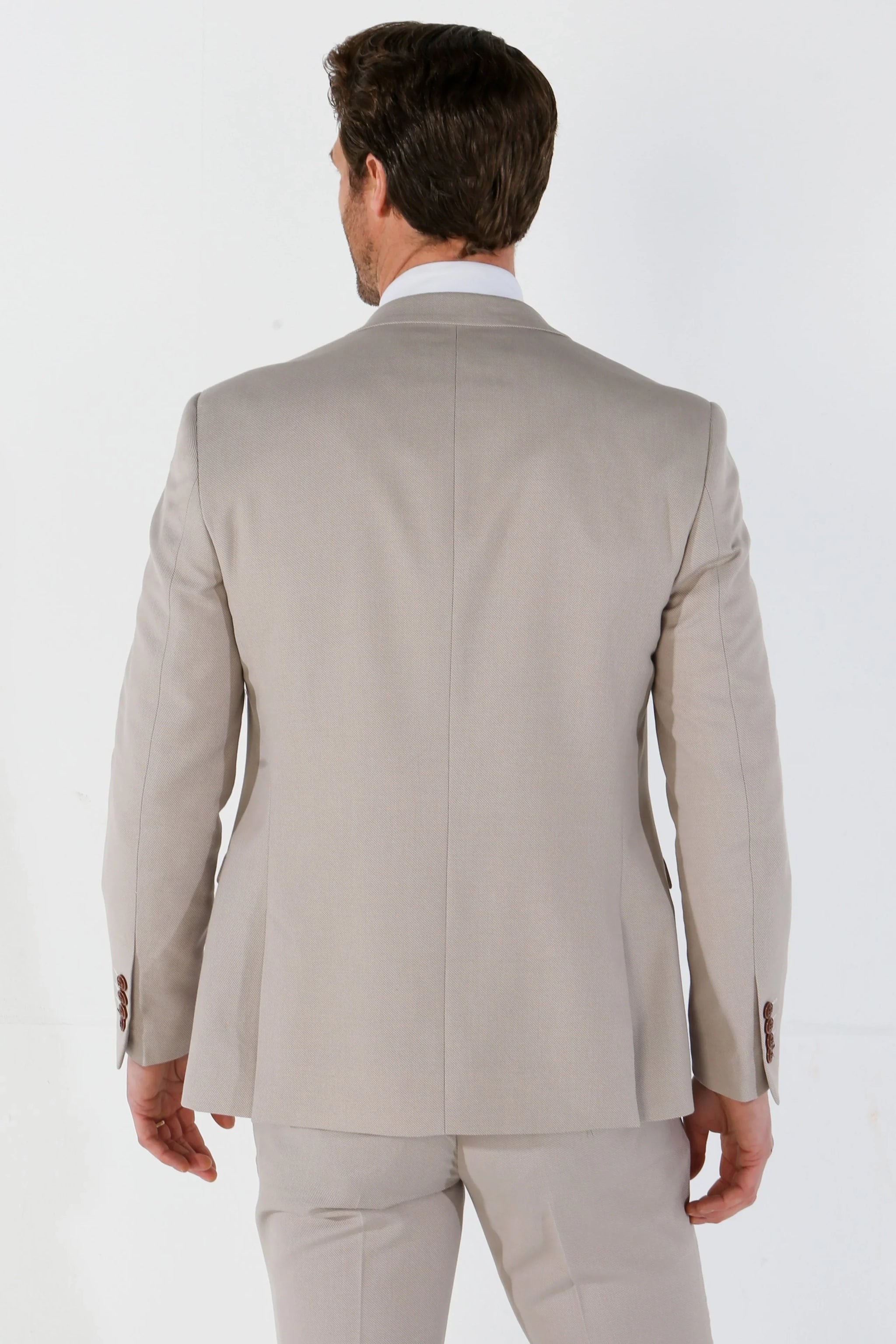 Mayfair - Traje de boda de tres piezas para hombre en color beige con estampado ojo de perdiz.