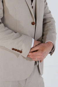 Mayfair - Traje de boda de tres piezas para hombre en color beige con estampado ojo de perdiz.