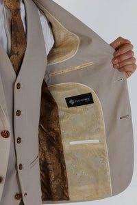 Mayfair - Traje de boda de tres piezas para hombre en color beige con estampado ojo de perdiz.