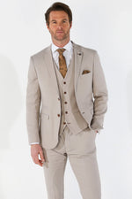 Mayfair - Traje de boda de tres piezas para hombre en color beige con estampado ojo de perdiz.