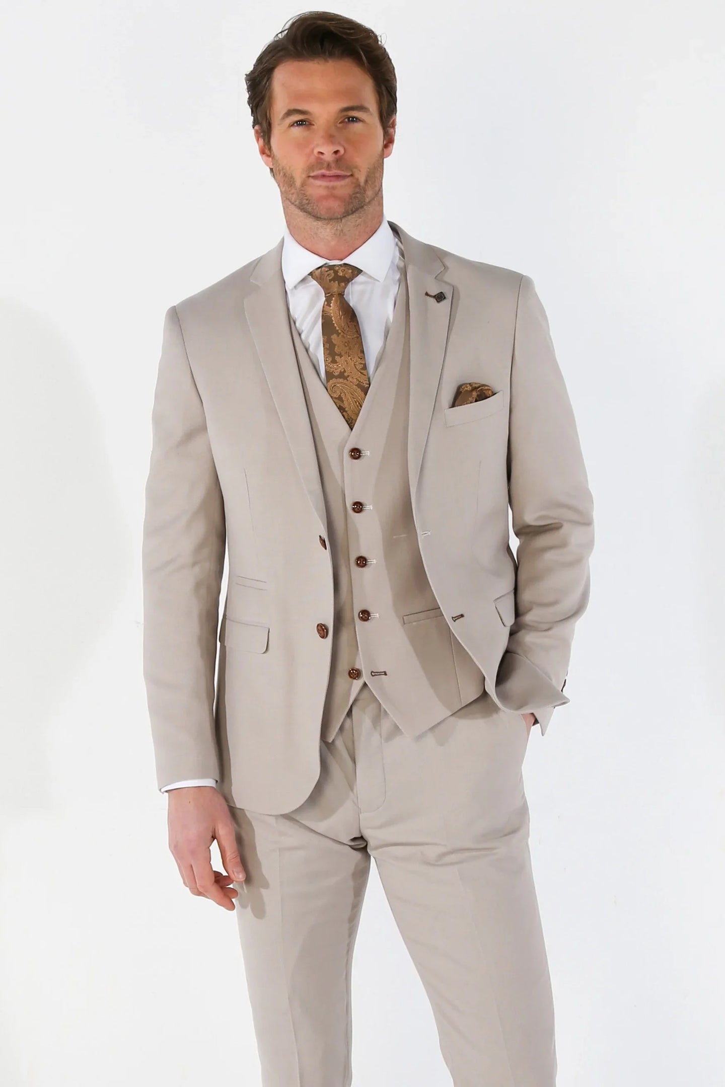 Mayfair - Traje de boda de tres piezas para hombre en color beige con estampado ojo de perdiz.