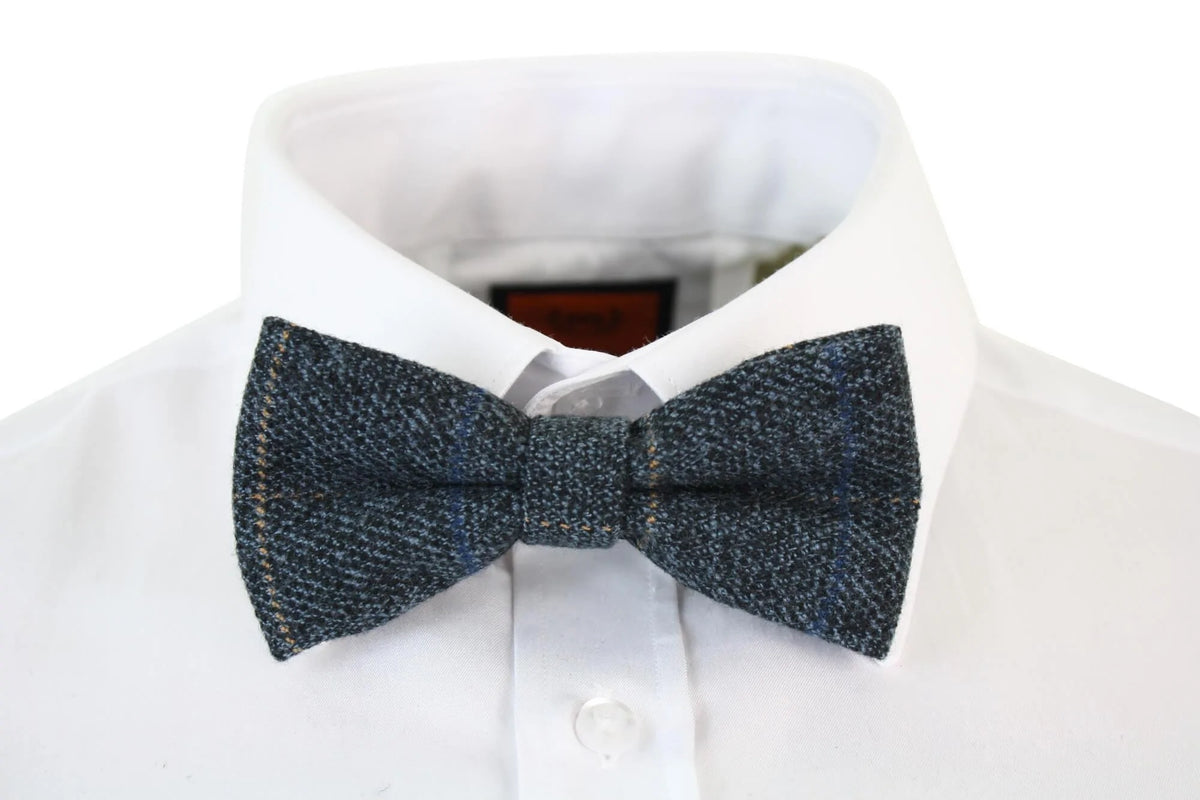 Pajaritas Marc Darcy para hombre, de tweed azul con textura de espiga, estilo vintage retro.