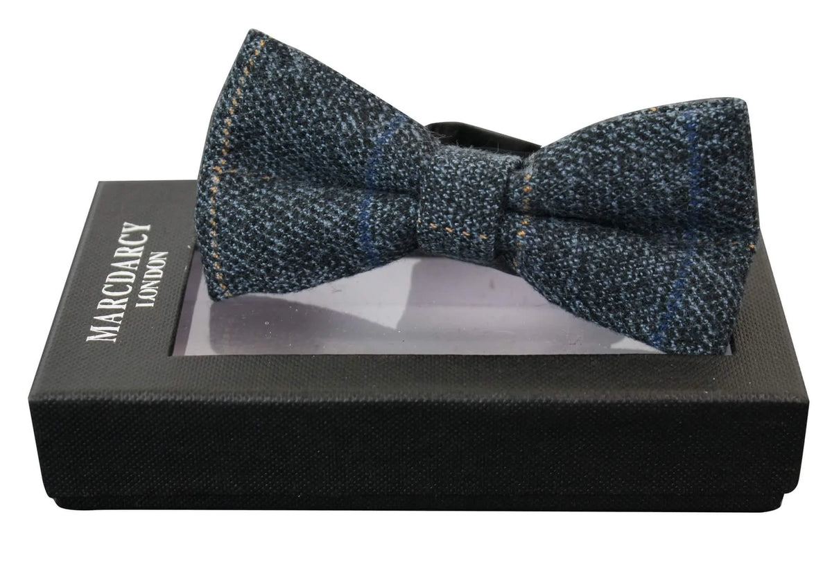 Pajaritas Marc Darcy para hombre, de tweed azul con textura de espiga, estilo vintage retro.