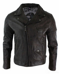 Chaqueta de cuero auténtico estilo motero vintage lavada en marrón, negro, burdeos y azul para hombre, con cremallera cruzada, estilo retro informal - Zulu Brown