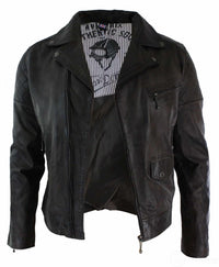 Chaqueta de cuero auténtico estilo motero vintage lavada en marrón, negro, burdeos y azul para hombre, con cremallera cruzada, estilo retro informal - Zulu Brown