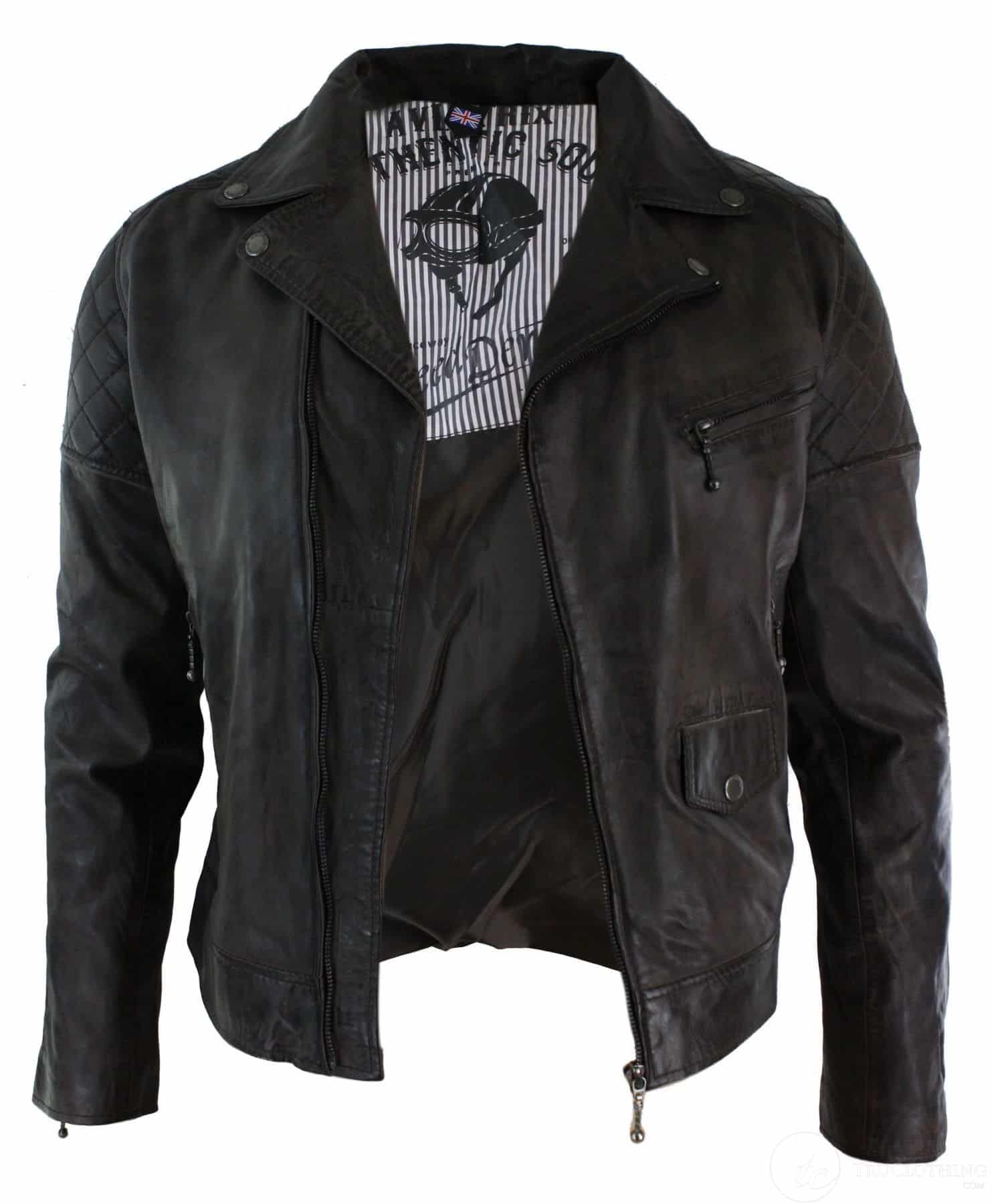 Chaqueta de cuero auténtico estilo motero vintage lavada en marrón, negro, burdeos y azul para hombre, con cremallera cruzada, estilo retro informal - Zulu Brown