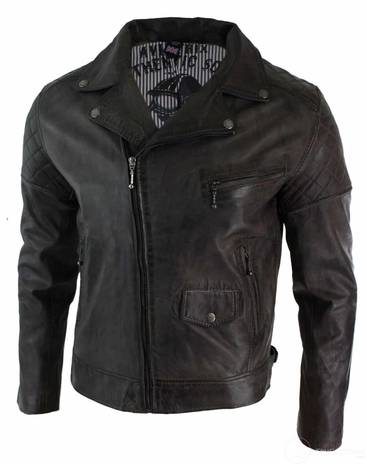Chaqueta de cuero auténtico estilo motero vintage lavada en marrón, negro, burdeos y azul para hombre, con cremallera cruzada, estilo retro informal - Zulu Brown
