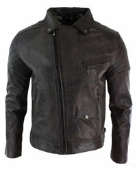 Chaqueta de cuero auténtico estilo motero vintage lavada en marrón, negro, burdeos y azul para hombre, con cremallera cruzada, estilo retro informal - Zulu Brown