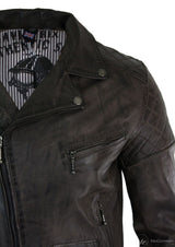 Chaqueta de cuero auténtico estilo motero vintage lavada en marrón, negro, burdeos y azul para hombre, con cremallera cruzada, estilo retro informal - Zulu Brown