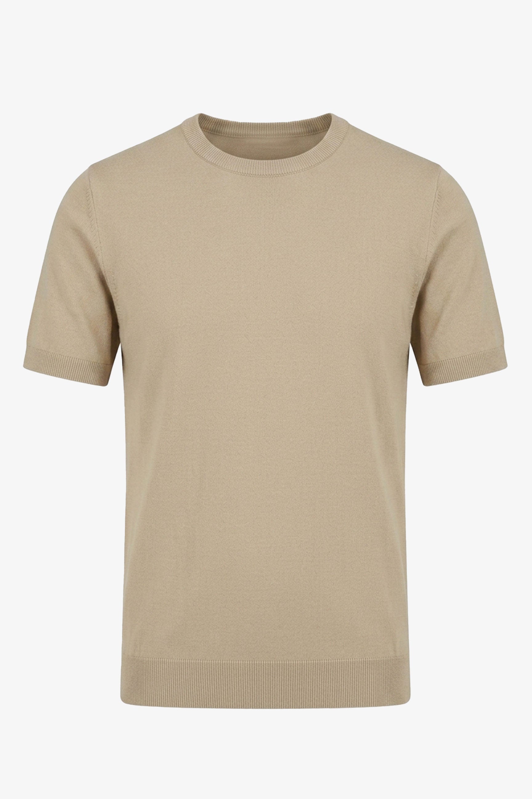 Camiseta de punto beige para hombre, corte regular, cuello redondo, manga corta.