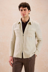 Conjunto de chaqueta de lino beige con cremallera y pantalón marrón para hombre, elegante e informal, ideal para el verano.