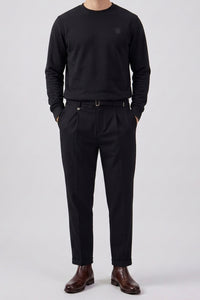 Sudadera de manga larga elástica con cuello redondo y mezcla de algodón negro para hombre