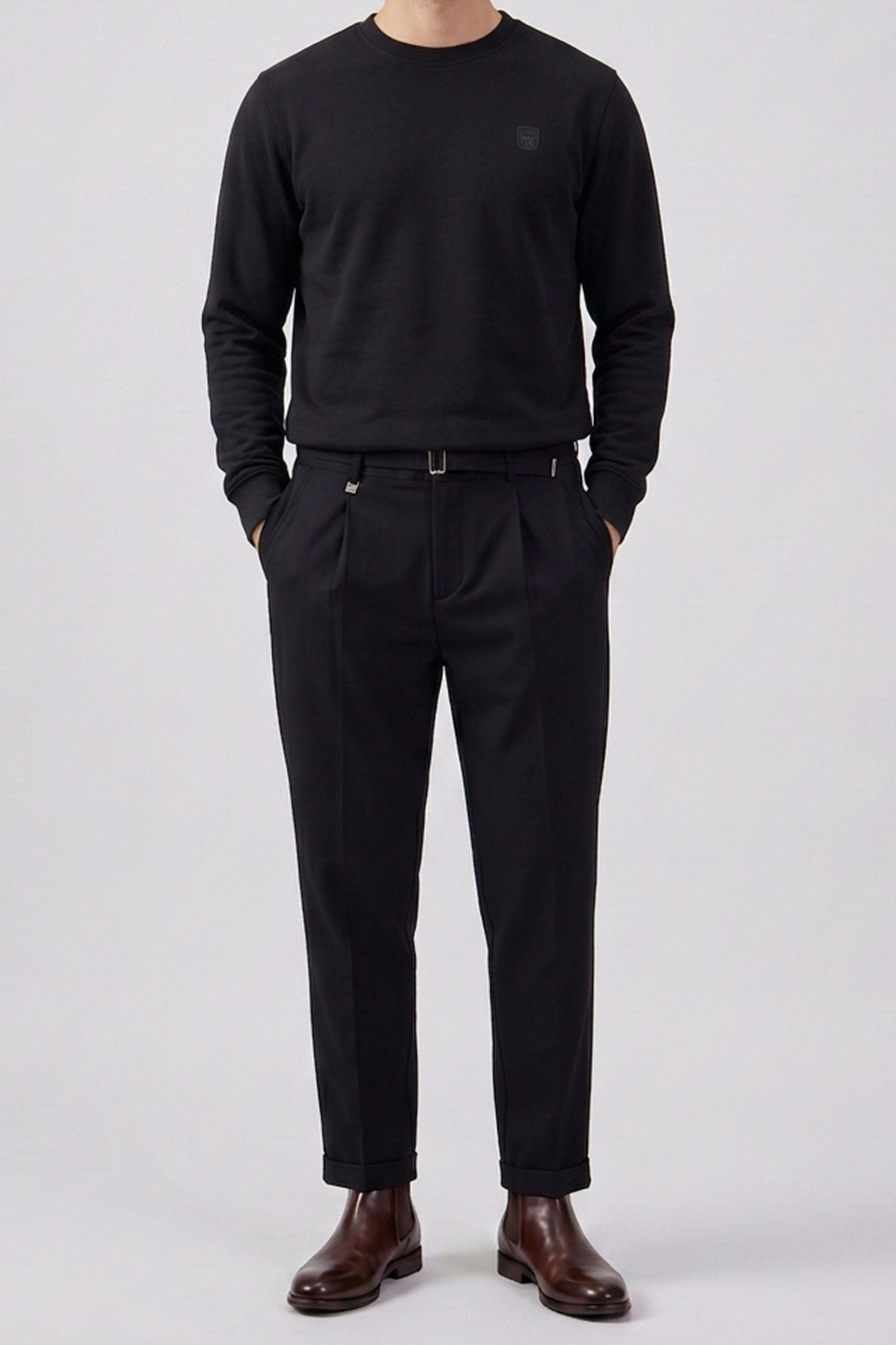 Sudadera de manga larga elástica con cuello redondo y mezcla de algodón negro para hombre