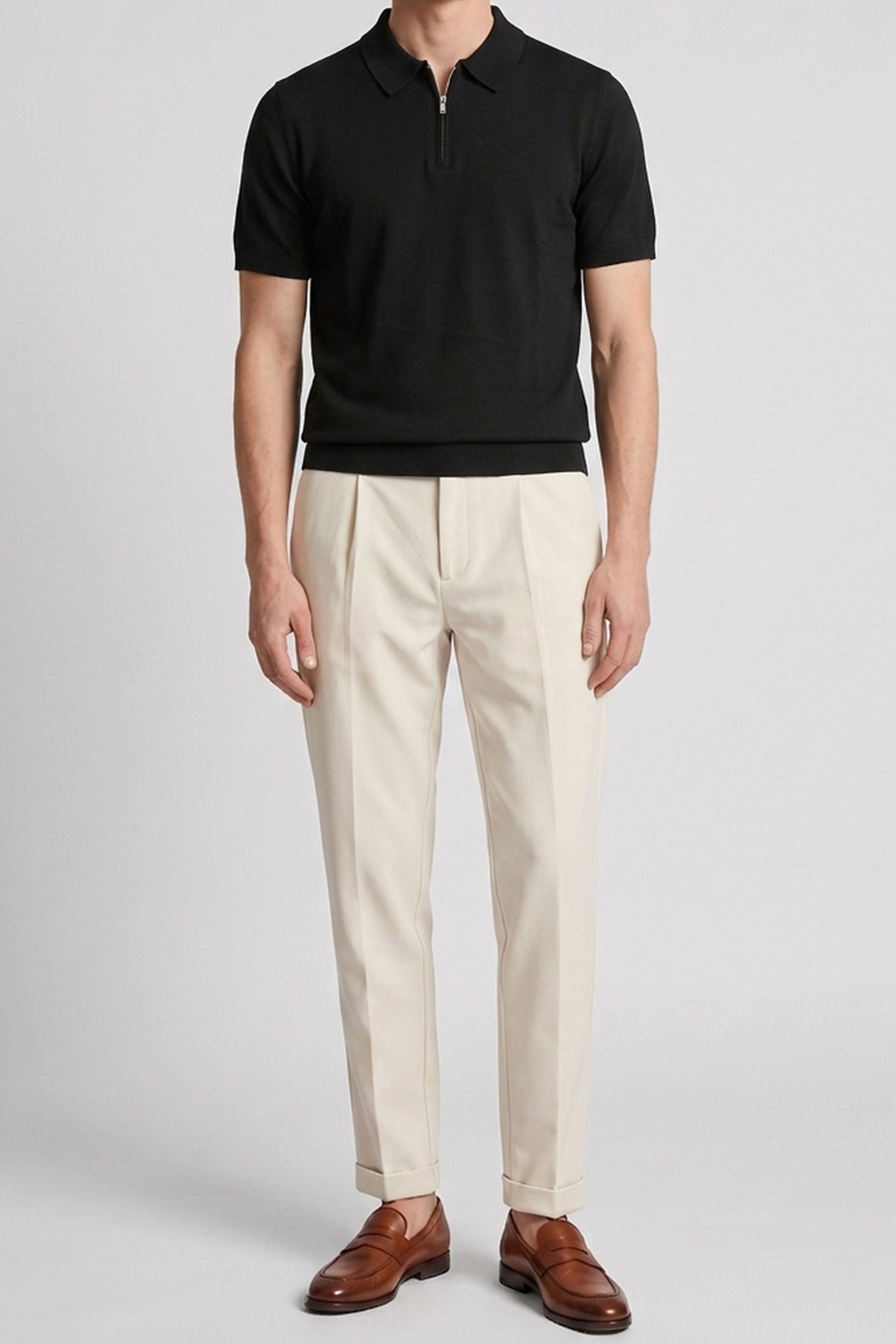 Polo de punto negro para hombre, cuello con cremallera, manga corta, tejido suave.