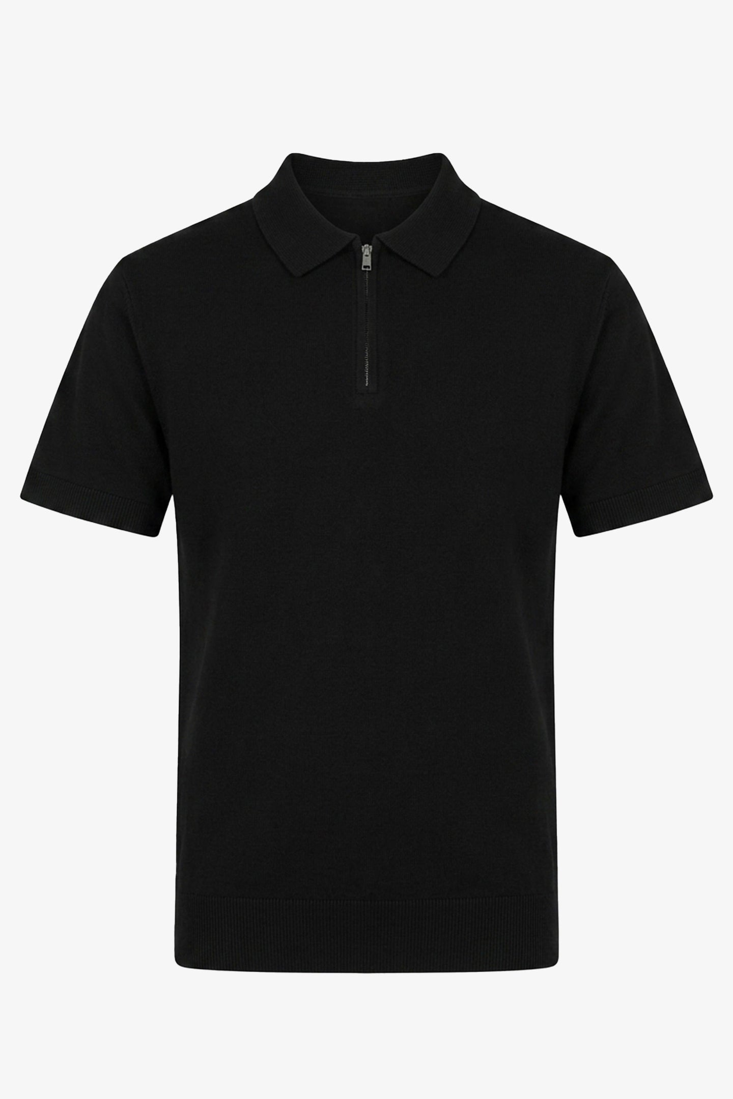 Polo de punto negro para hombre, cuello con cremallera, manga corta, tejido suave.
